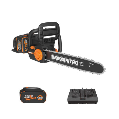Worx Nitro 40V 16-inch chainsaw front view, cordless power for quick trimming.