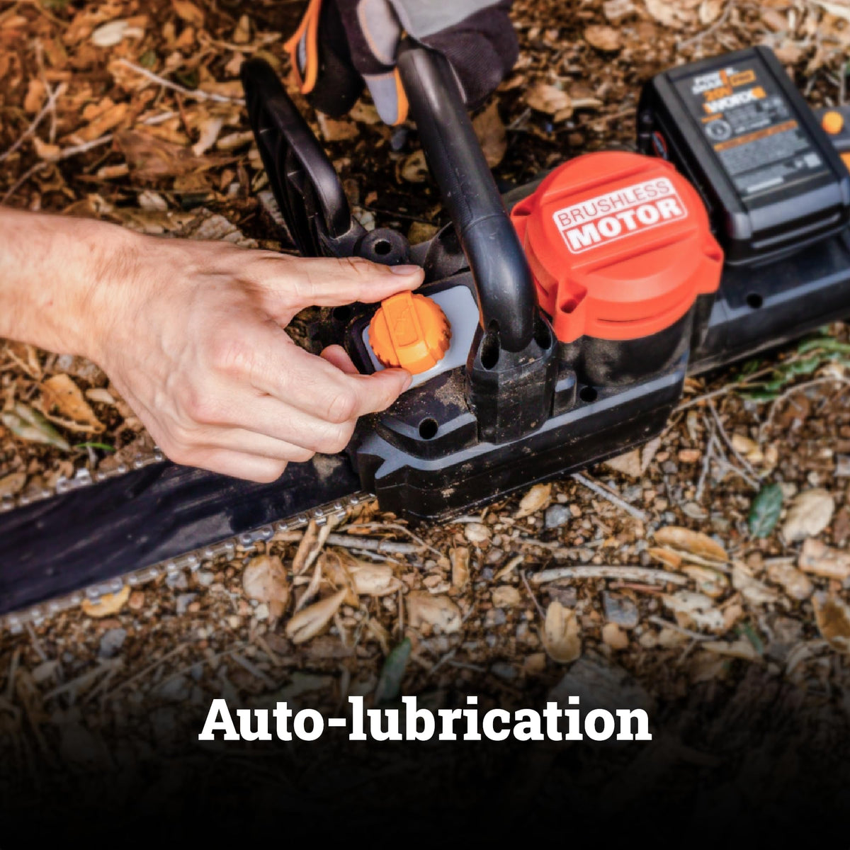 Worx Nitro 40V chainsaw in use, demonstrating fast cutting for backyard projects.