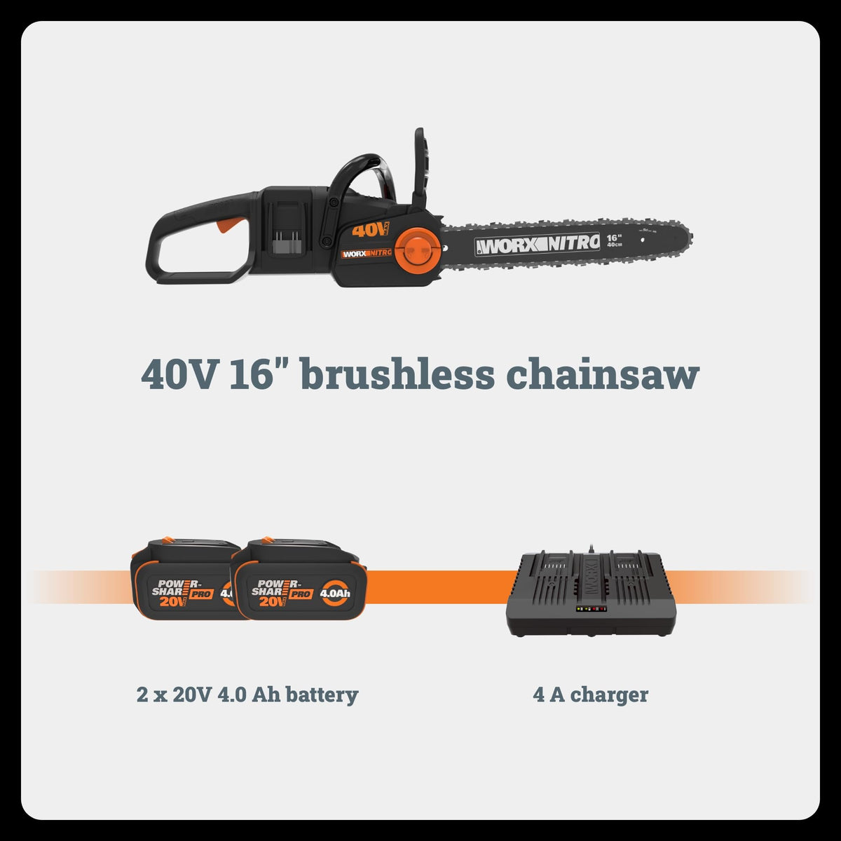 Worx Nitro 40V chainsaw safety features with kickback stop and trigger lock.