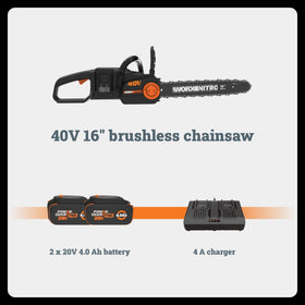 Worx Nitro 40V chainsaw safety features with kickback stop and trigger lock.
