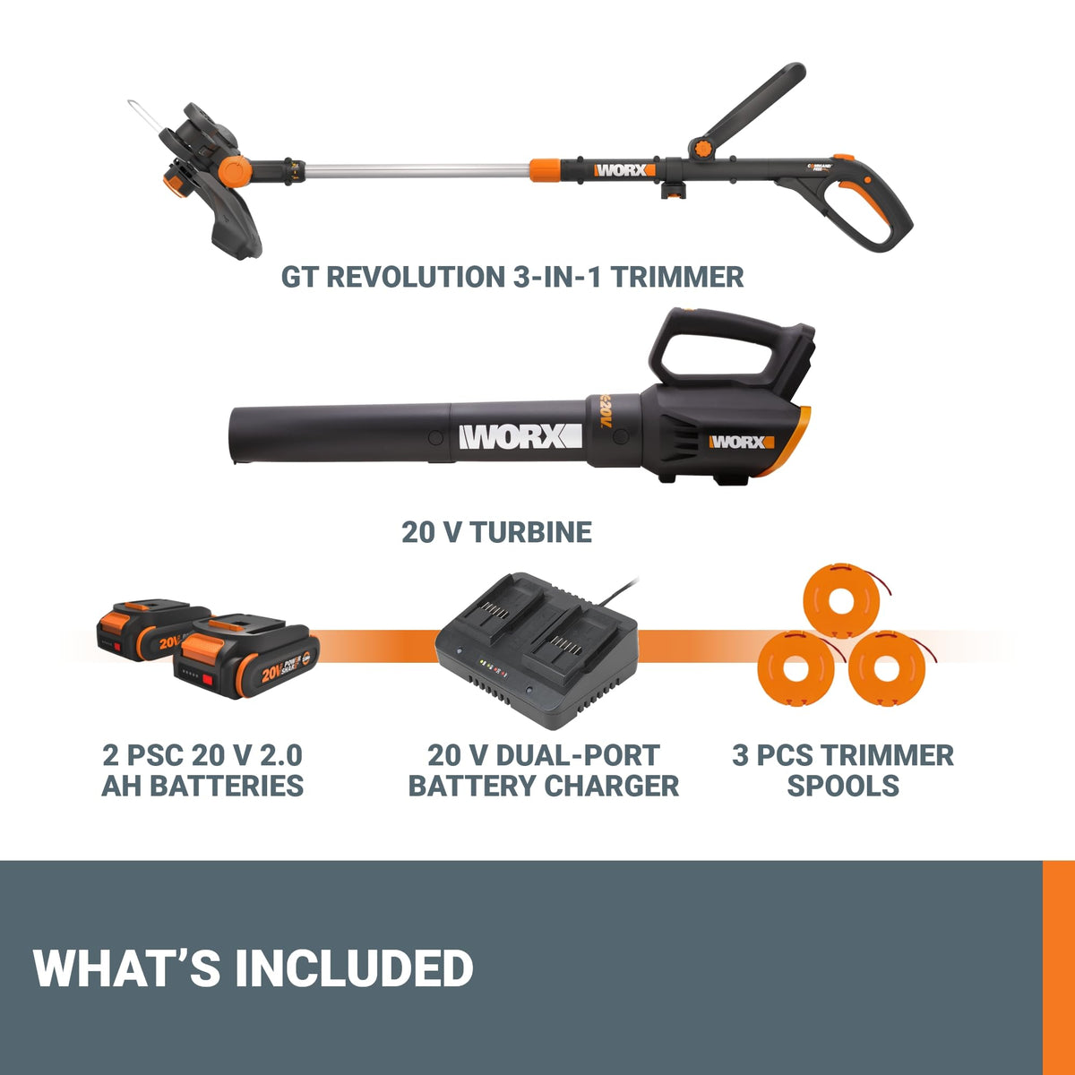 WORX 20V battery and dual charger for faster tool readiness.