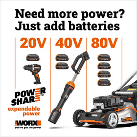 WORX PowerShare system allows 20v, 40v, or 80v tool compatibility.