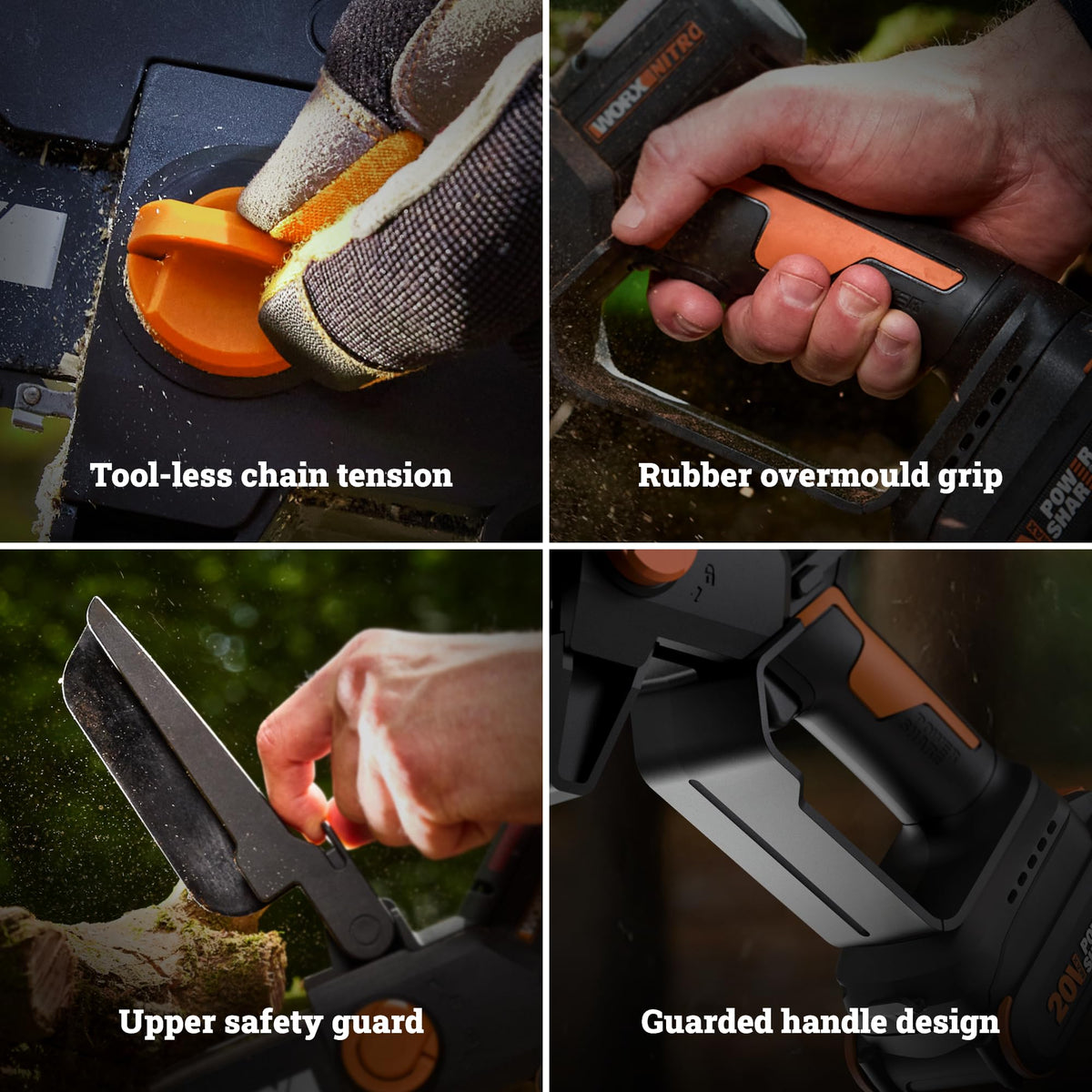 WORX safety guards and hand guard for safer cutting.