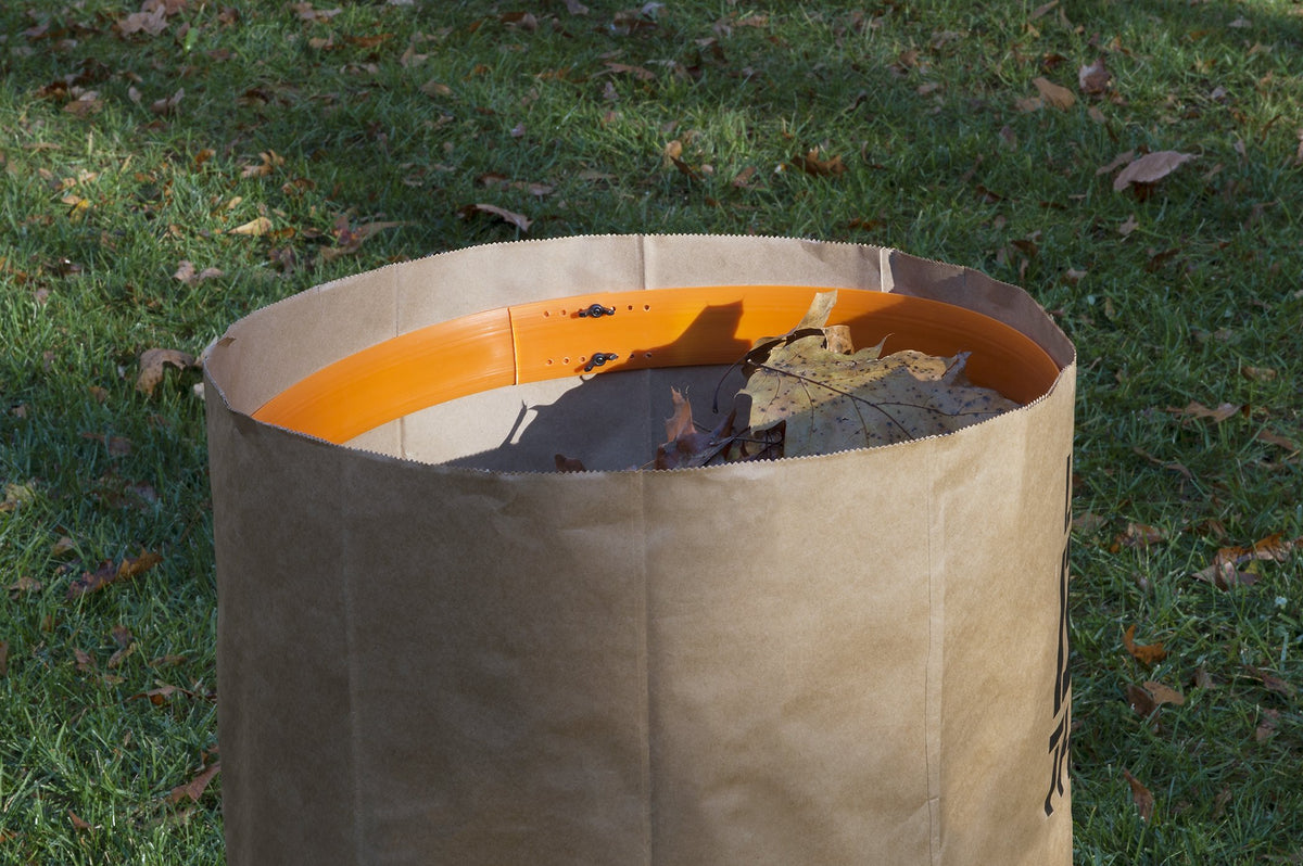 WORX bag holder compatible with Trivac system for tidy leaf management.