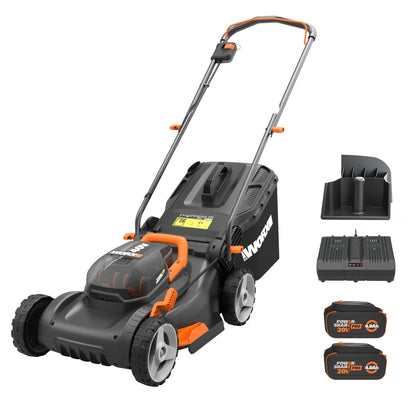WORX WG743 17-inch deck shown in compact, easy-to-maneuver setup.