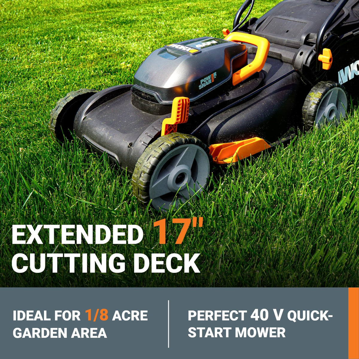 WORX WG743 with dual 20V 4.0Ah batteries ready for extended cordless mowing.
