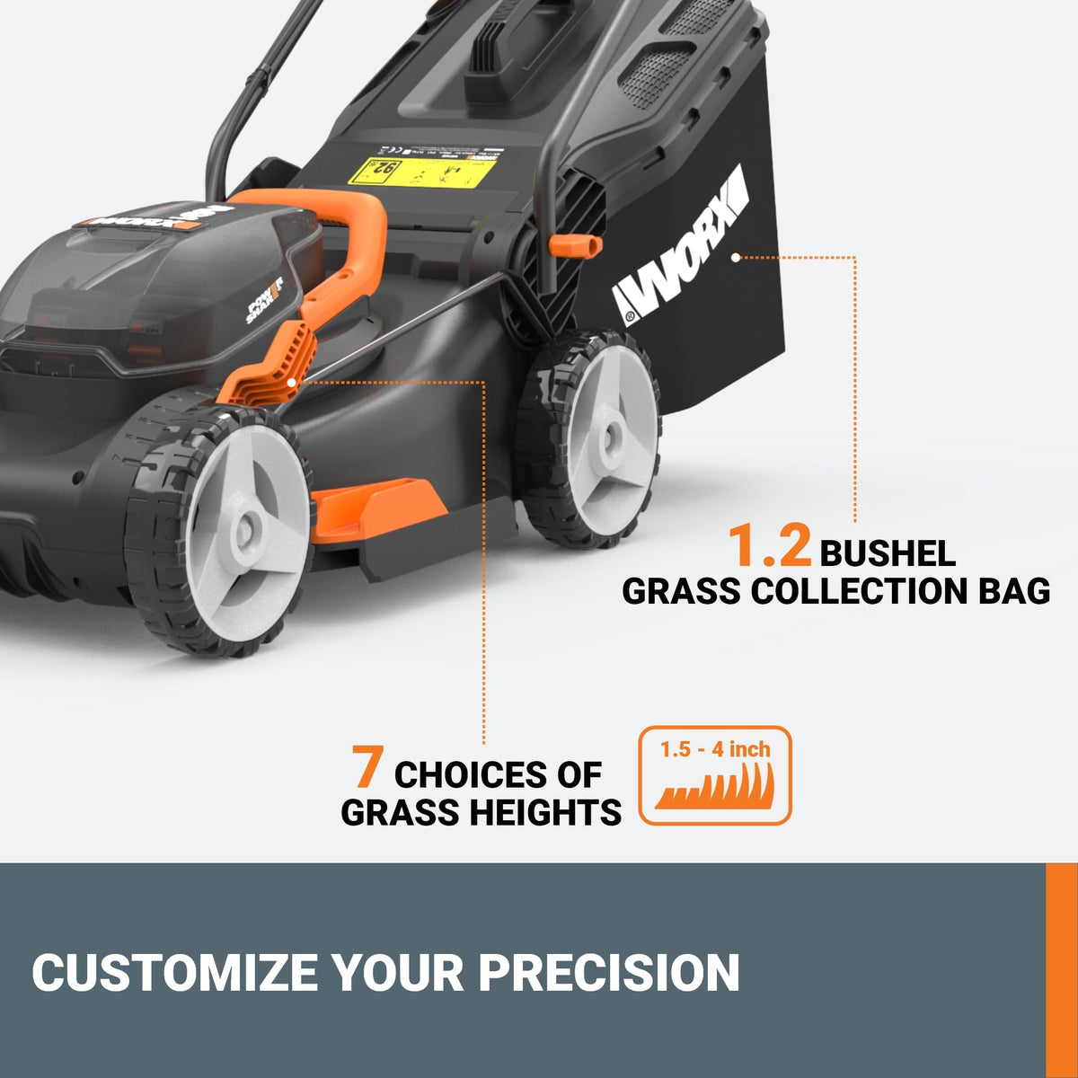 WORX WG743 7-position height lever adjusts cutting from 1.5 to 4 inches.