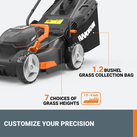 WORX WG743 7-position height lever adjusts cutting from 1.5 to 4 inches.