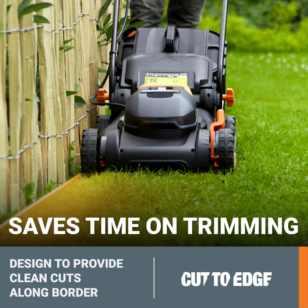 WORX WG743 Intellicut sensor adjusts speed for dense or light turf.