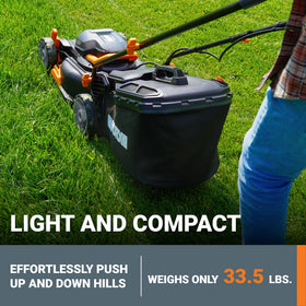 WORX WG743 operates quietly at 89dB for neighbor-friendly mowing.