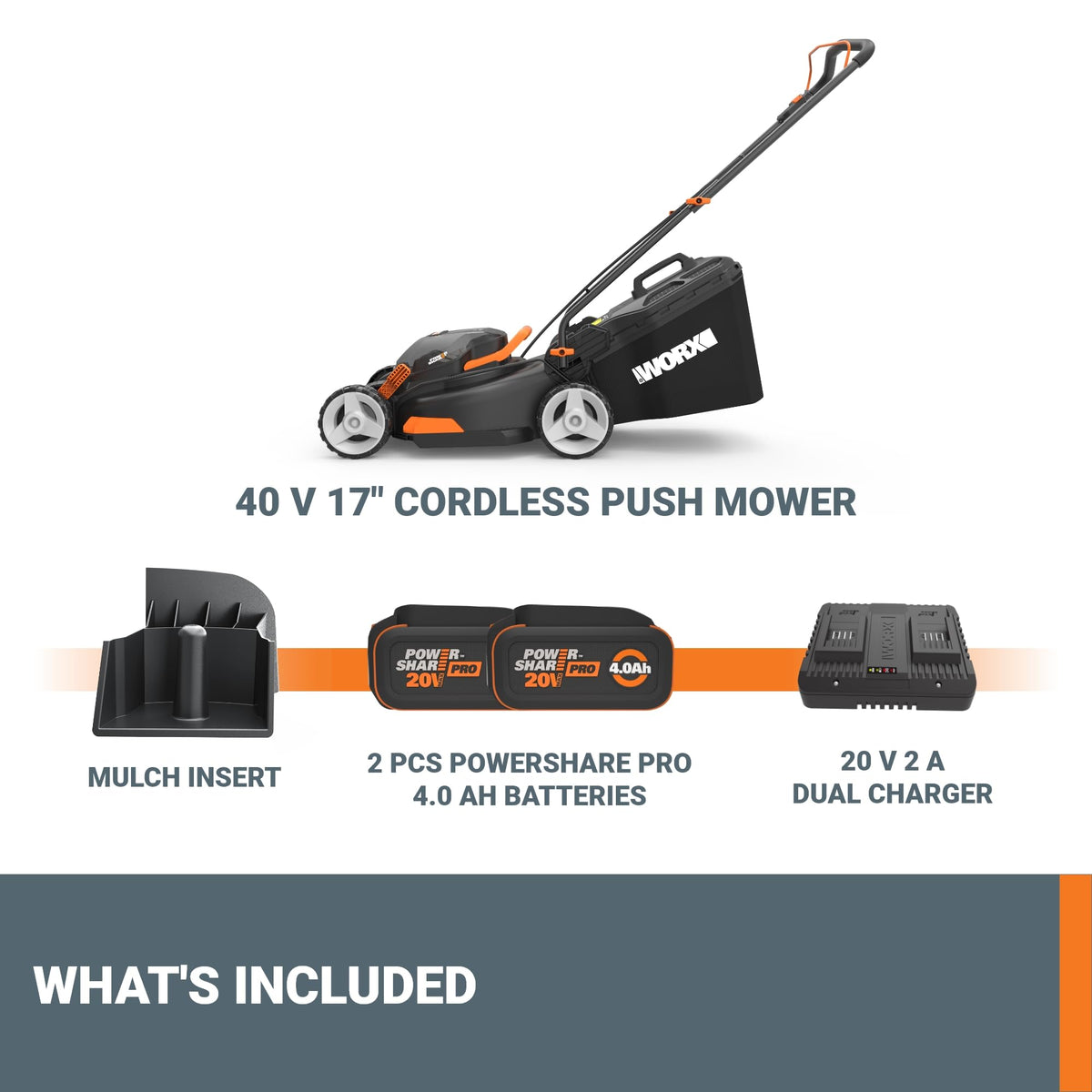 WORX WG743 supports 2-in-1 bagging and mulching with mulch plug.