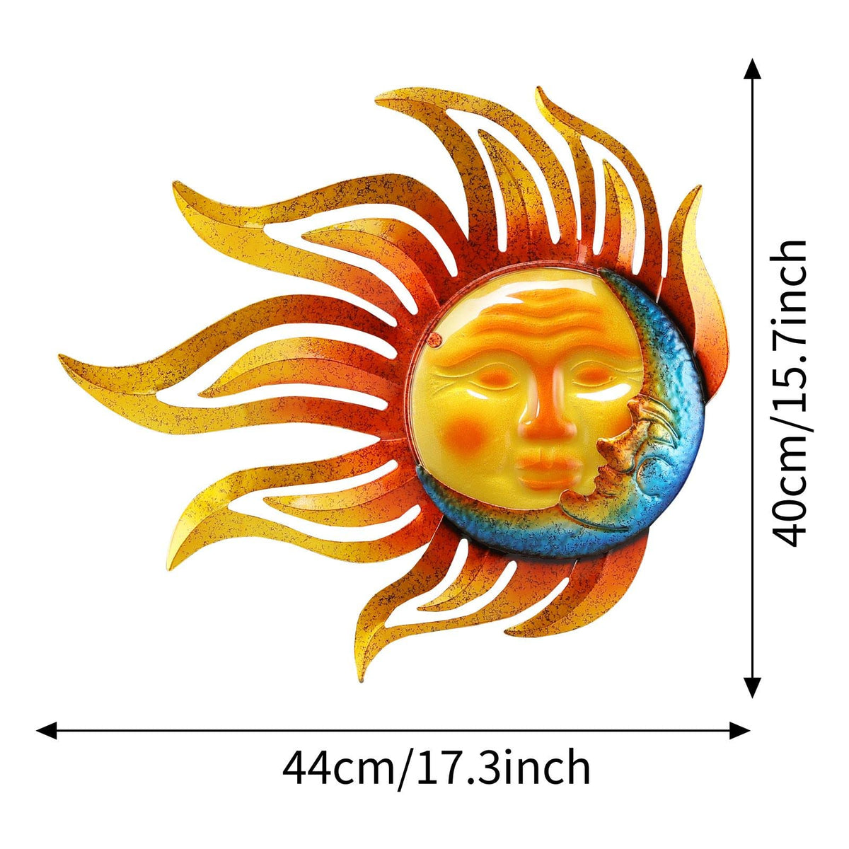 Wotieuns sun face metal wall decor withstands wind and rain.
