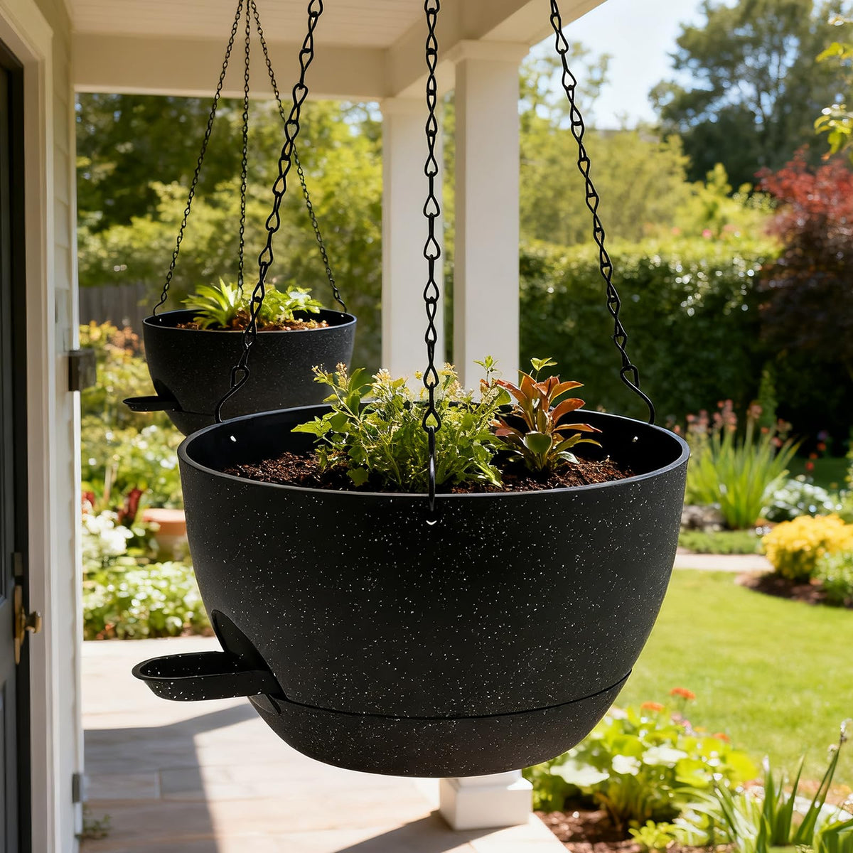 Durable 10-inch hanging planter with sturdy chain for indoor or outdoor use.
