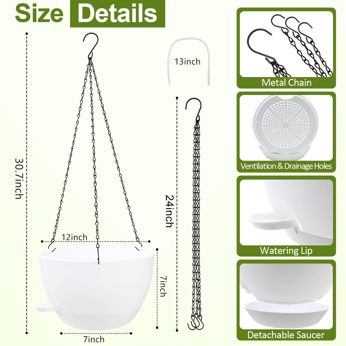 WOUSIWER durable plastic planter with rust-resistant triangular chain for stability