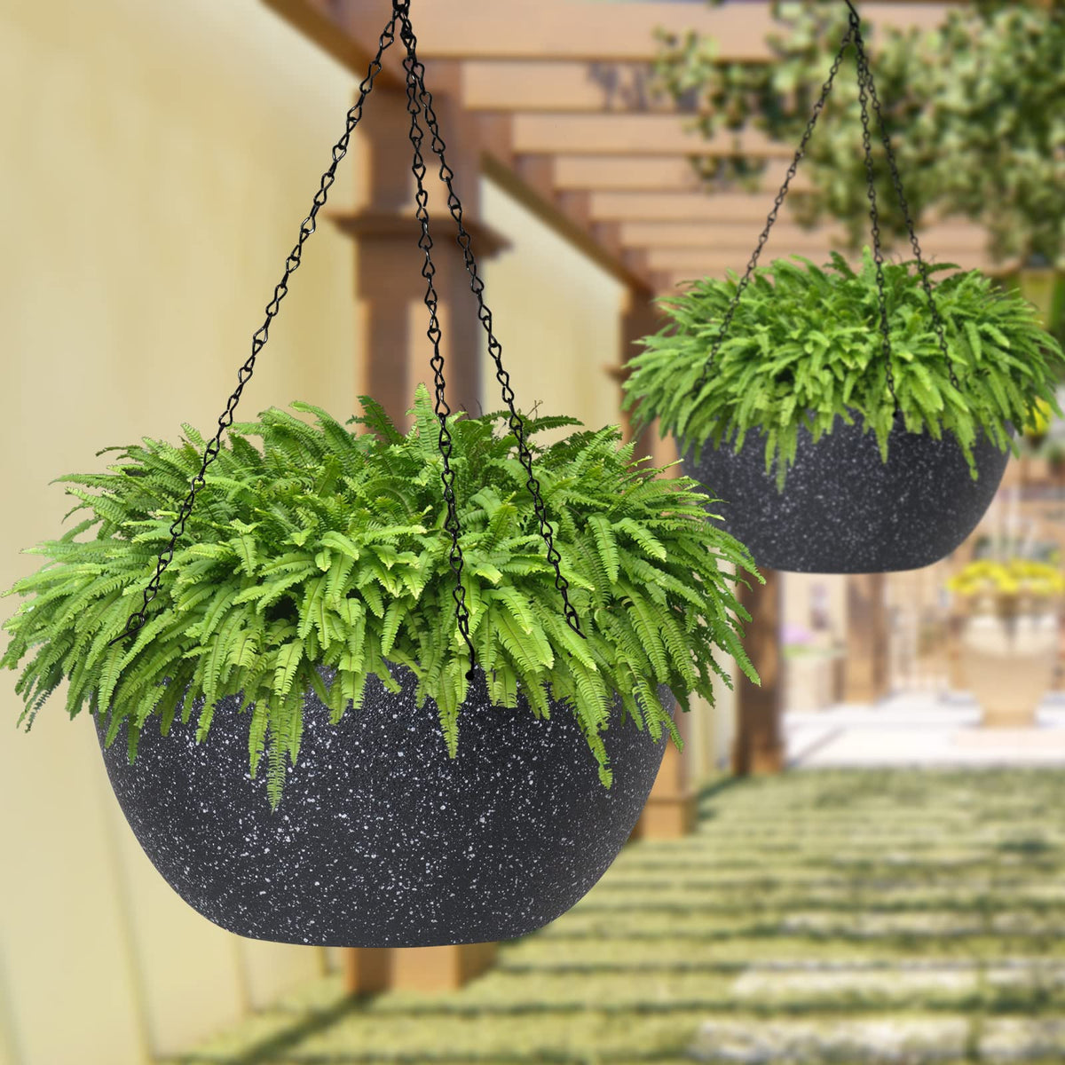 WOUSIWER round hanging planter in black speckles for outdoor decor