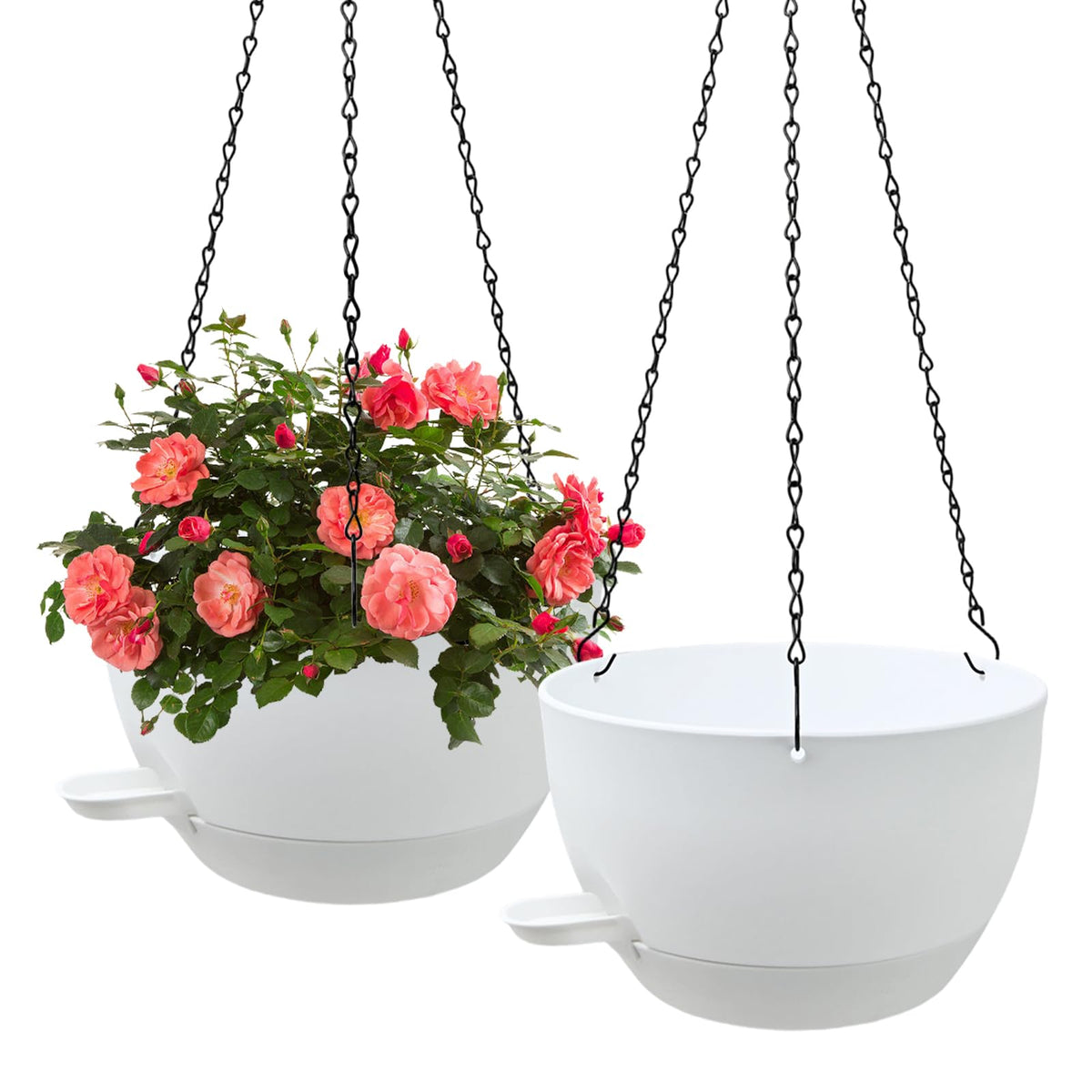 WOUSIWER self-watering hanging planter in white, front view keeps soil moist for thriving ferns.