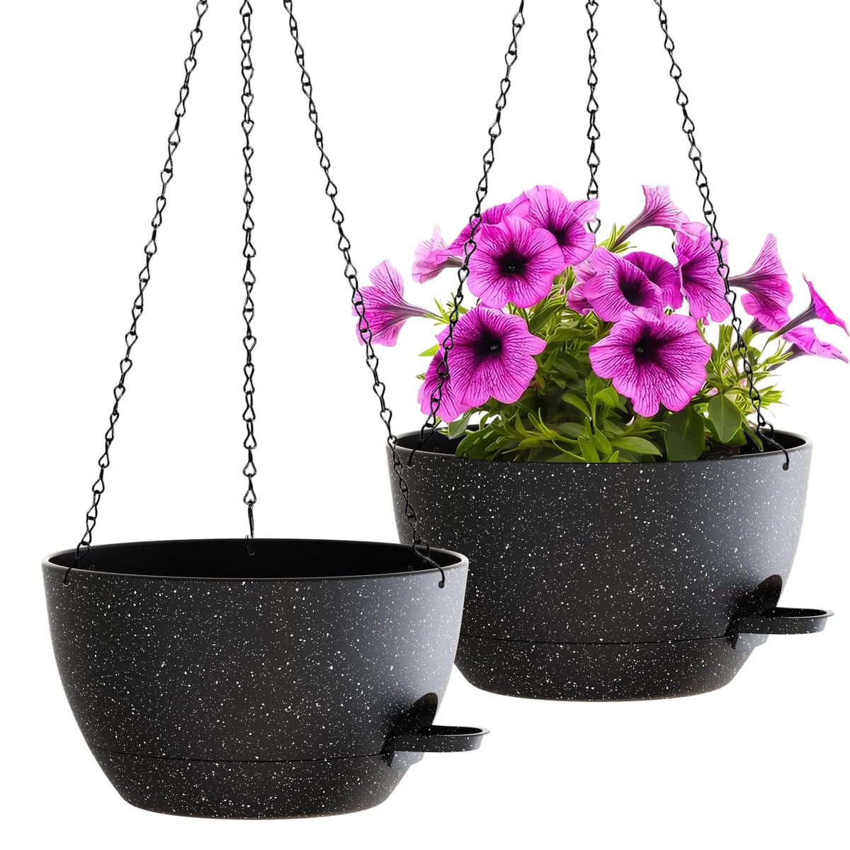 WOUSIWER self-watering 12-inch hanging planter with speckled black finish for easy hydration.