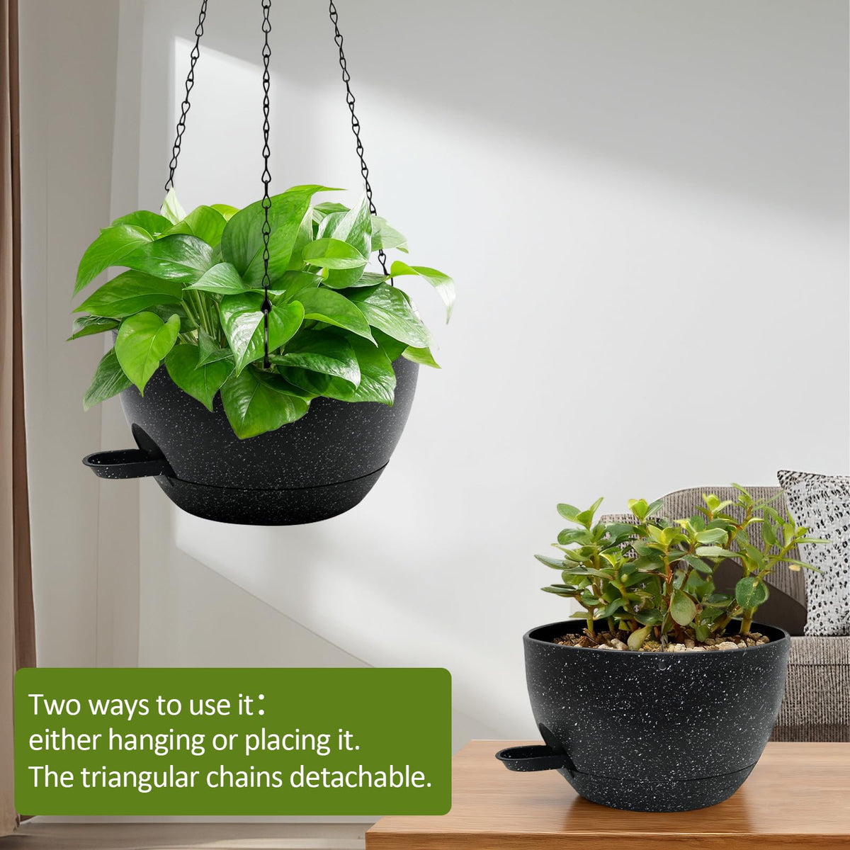 Cotton rope wick system provides steady hydration for thriving plants.