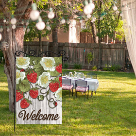 WPCTYQ garden flag invites porch visitors with cheerful hello.