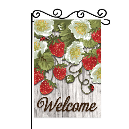 WPCTYQ Strawberry Welcome Flag front view with vivid wood accents for outdoor charm.