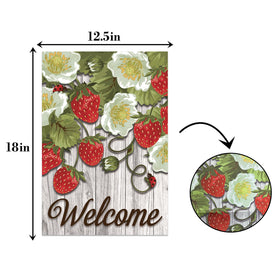 WPCTYQ strawberry welcome flag shows rustic wood motif for garden appeal.