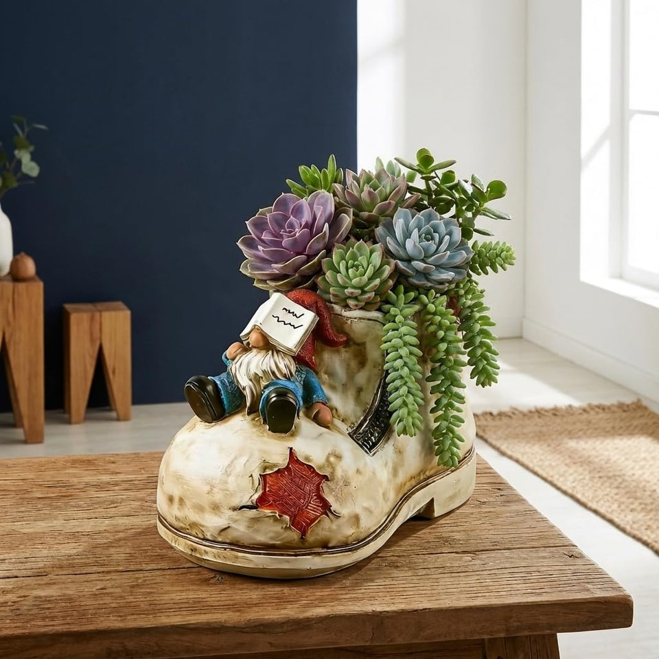 WPJFMXZ cute gnome shoe planter adds whimsy to indoor decor.
