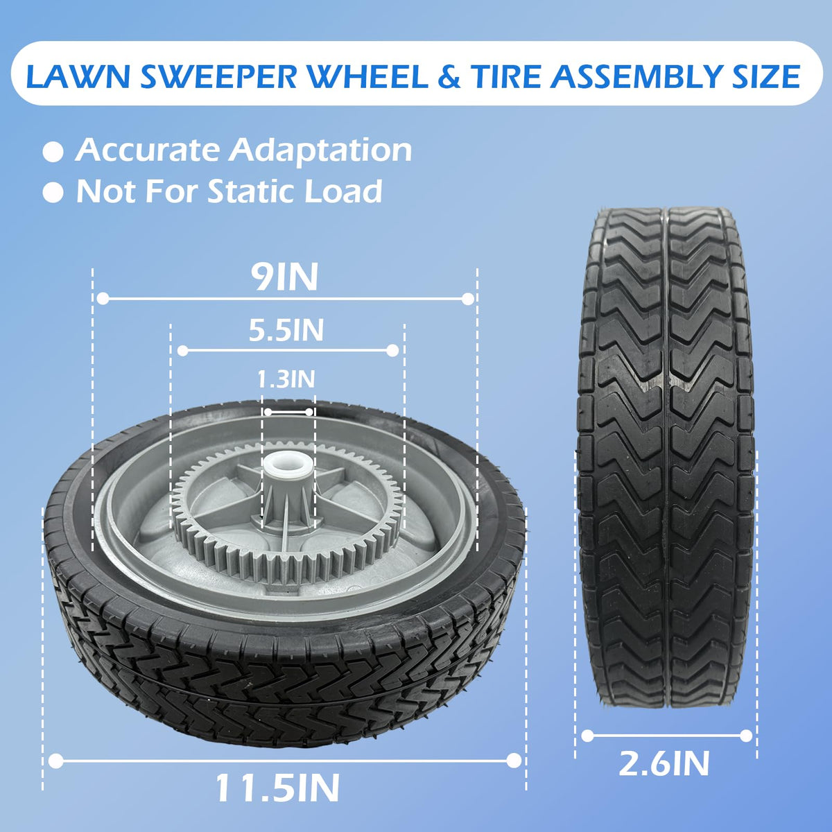 WPL 40987 lawn sweeper wheel assembly side view shows durable hub and tire for rugged terrain.