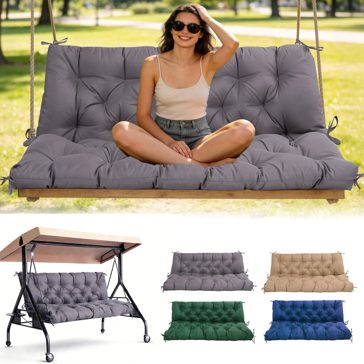 Dark gray WQlittuK swing cushion adds contemporary comfort to outdoor spaces.