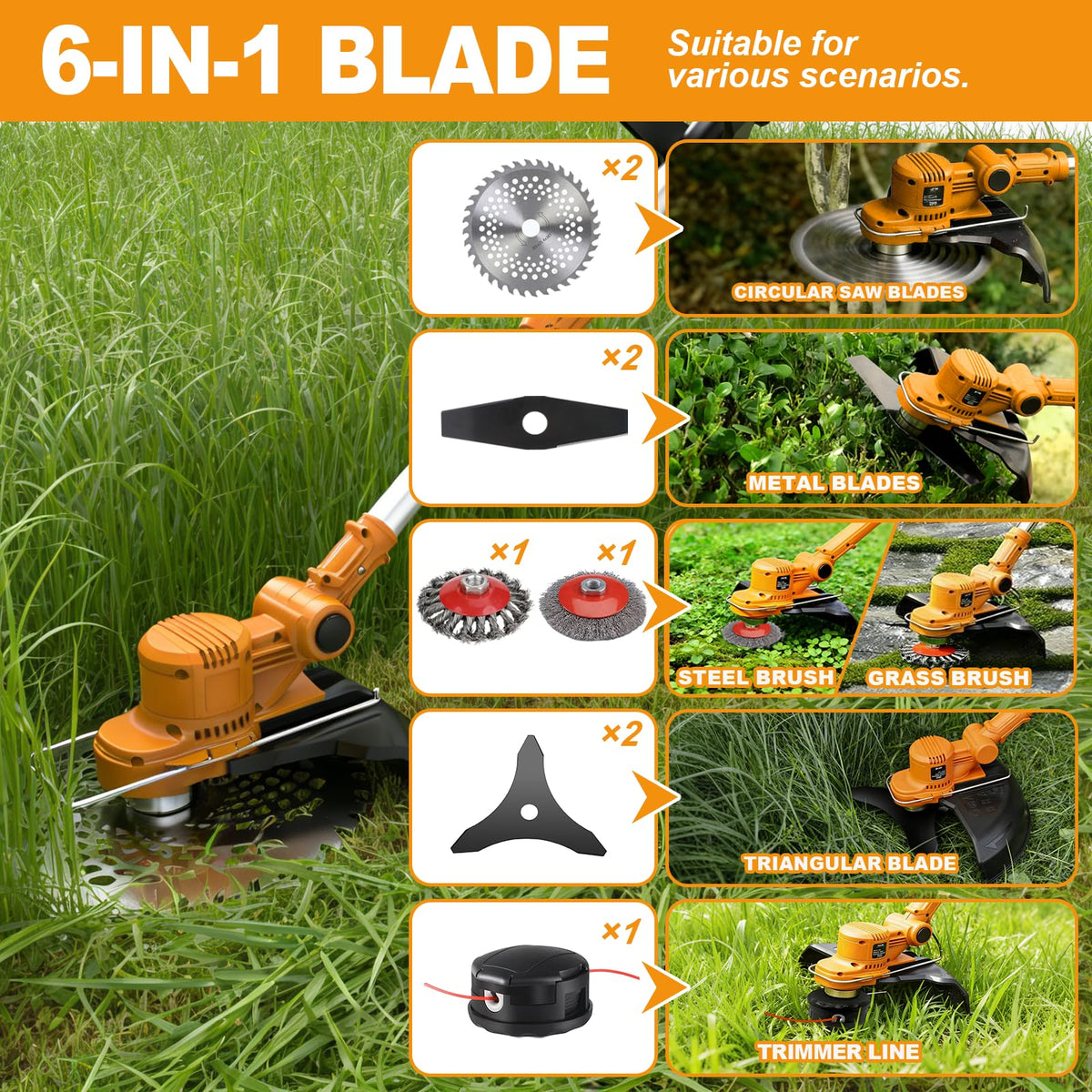 WQZXRTHY weed wacker six-blade system for versatile yard tasks.