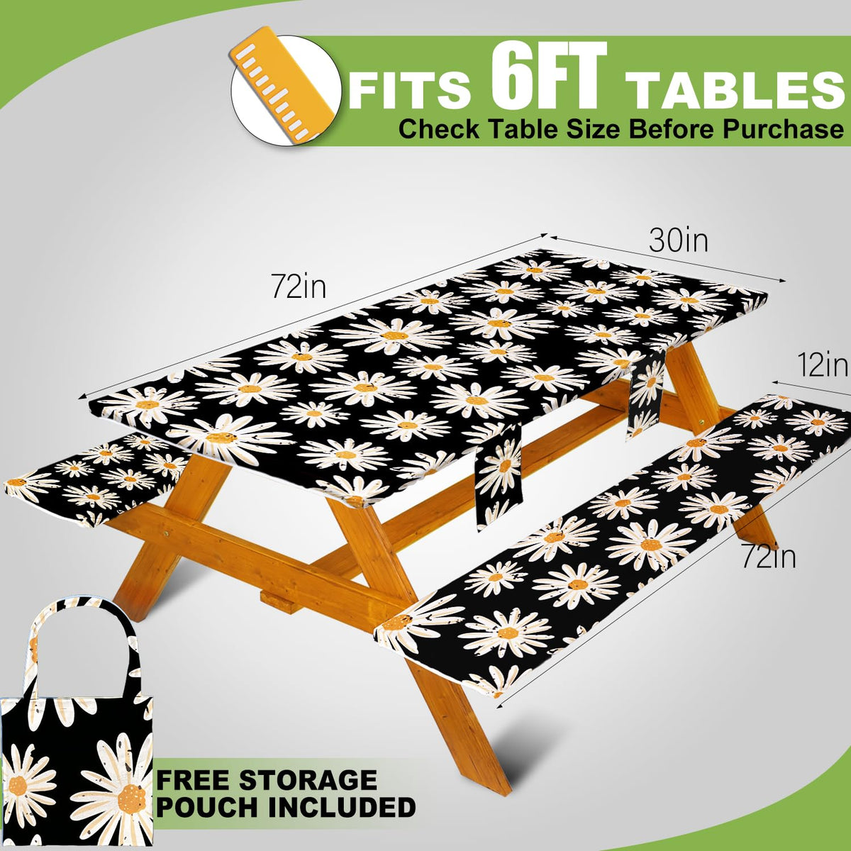 Wrakus fitted picnic table cover bench shows snug fit for weather-resistant outdoor seating.