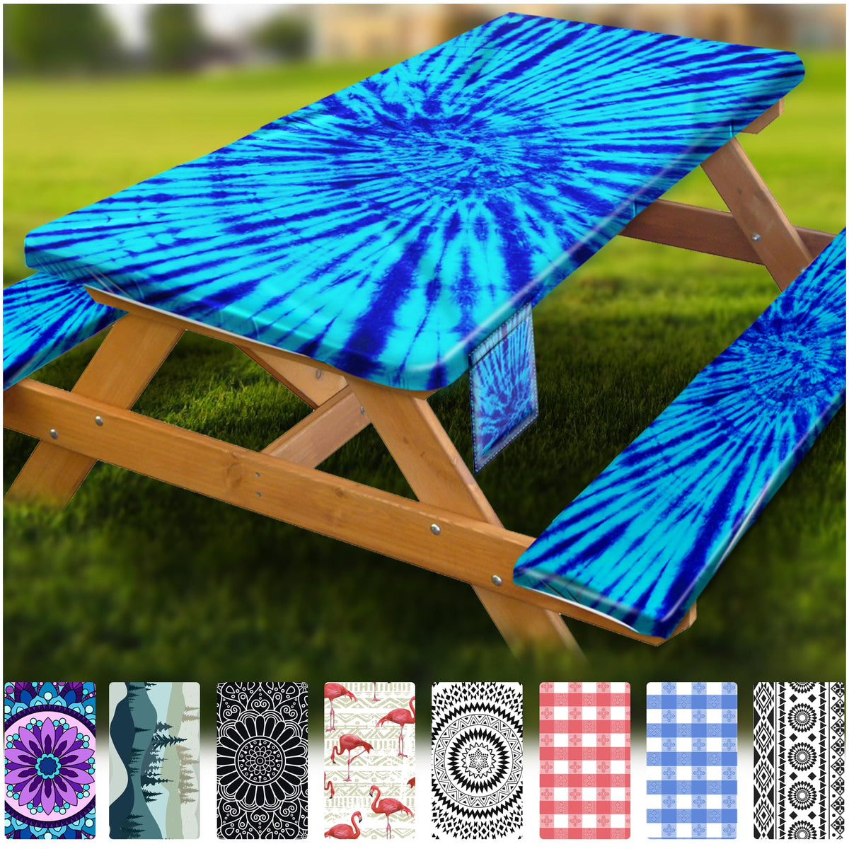 Wrakus fitted picnic table cover with elastic edge securing a clean outdoor surface