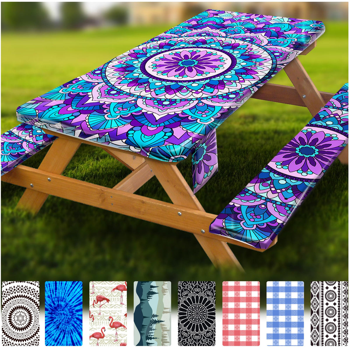Wrakus picnic table cover on a rectangle table protects against spills and stains.
