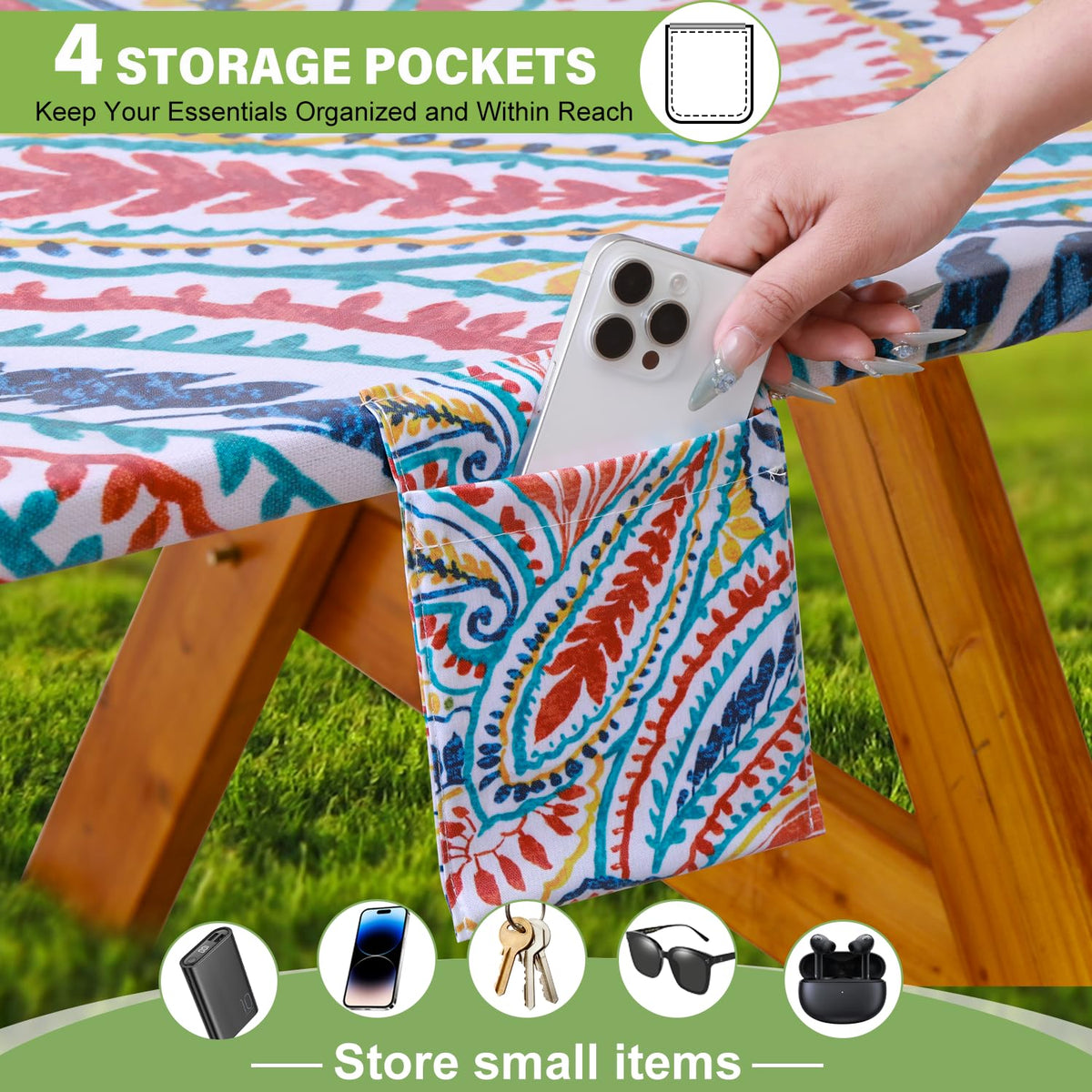 Wrakus tablecloth with storage pockets keeps napkins and phones neatly organized.