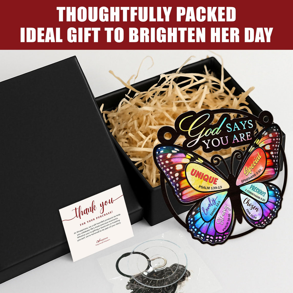 Wrappiness hanging chain and suction cup enable versatile display options