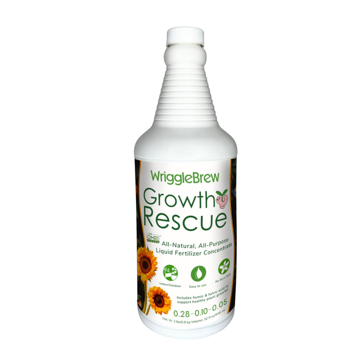 WriggleBrew organic liquid fertilizer bottle, ready for easy indoor and outdoor feeding.