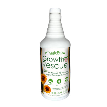 WriggleBrew organic liquid fertilizer bottle, ready for easy indoor and outdoor feeding.