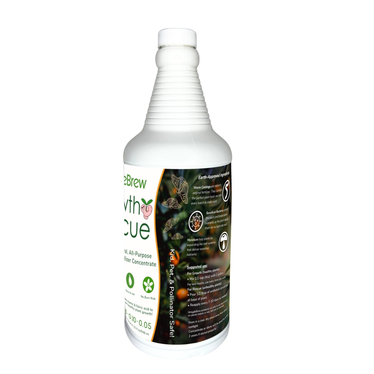 WriggleBrew bottle beside pollinator-friendly garden with bees.
