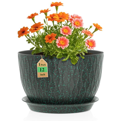 WSMKSZ 12-inch water ripple pot in black with green speckles enhances indoor plant displays.