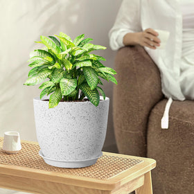 WSMKSZ 9 inch speckled white plant pot with drainage holes for indoor outdoor use.