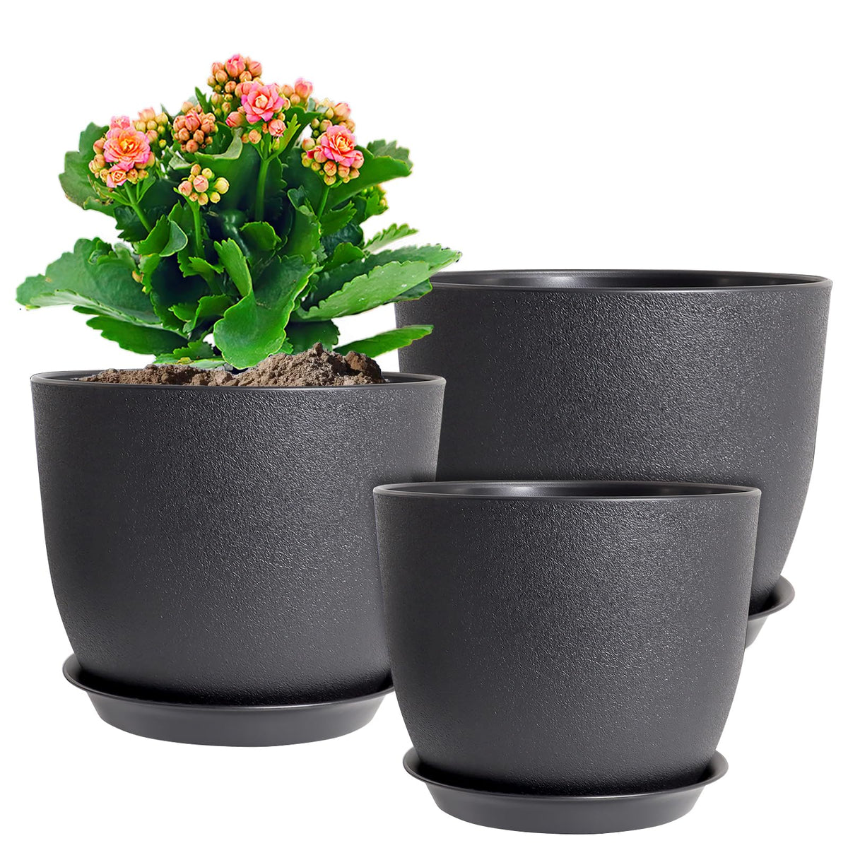 WSMKSZ 12-inch black flower pot with drainage holes for healthy indoor plants