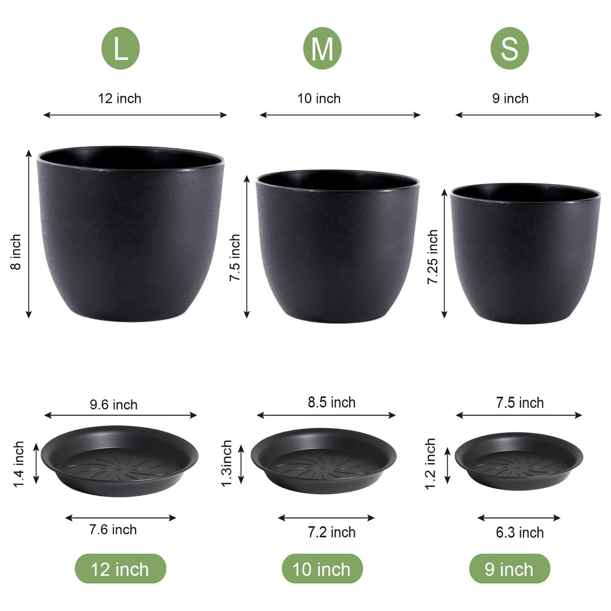 WSMKSZ 9-inch black pot with tray for easy water management