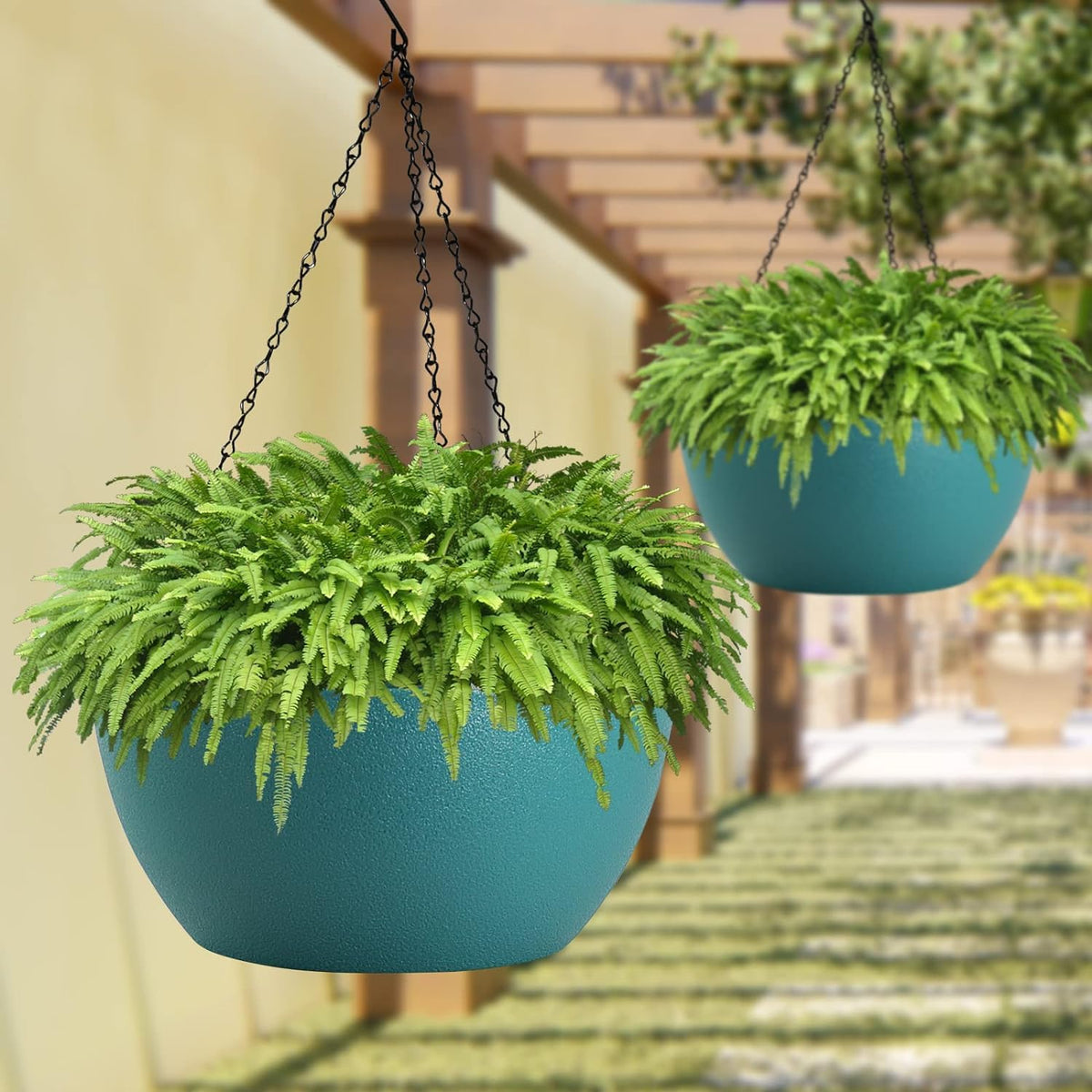 Blue-green planters lined along a pathway for decor and plant health