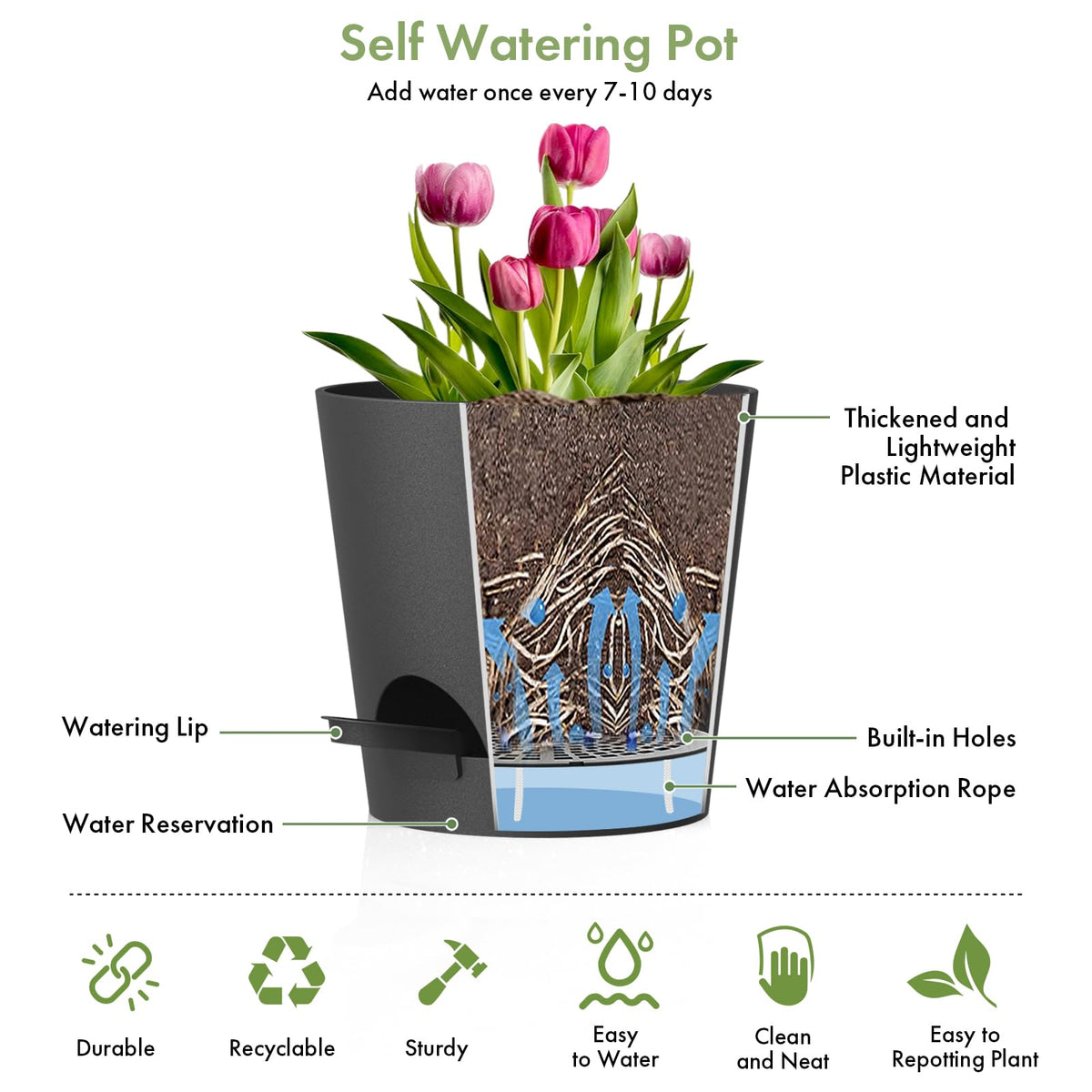 WSMKSZ self-watering pot 6.5-inch with removable saucer for clean surfaces.