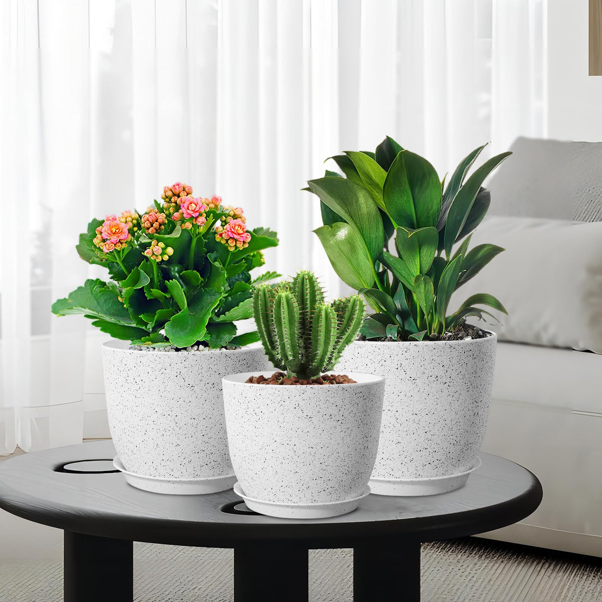 WSMKSZ set of 3 speckled white pots on display for stylish plant styling.