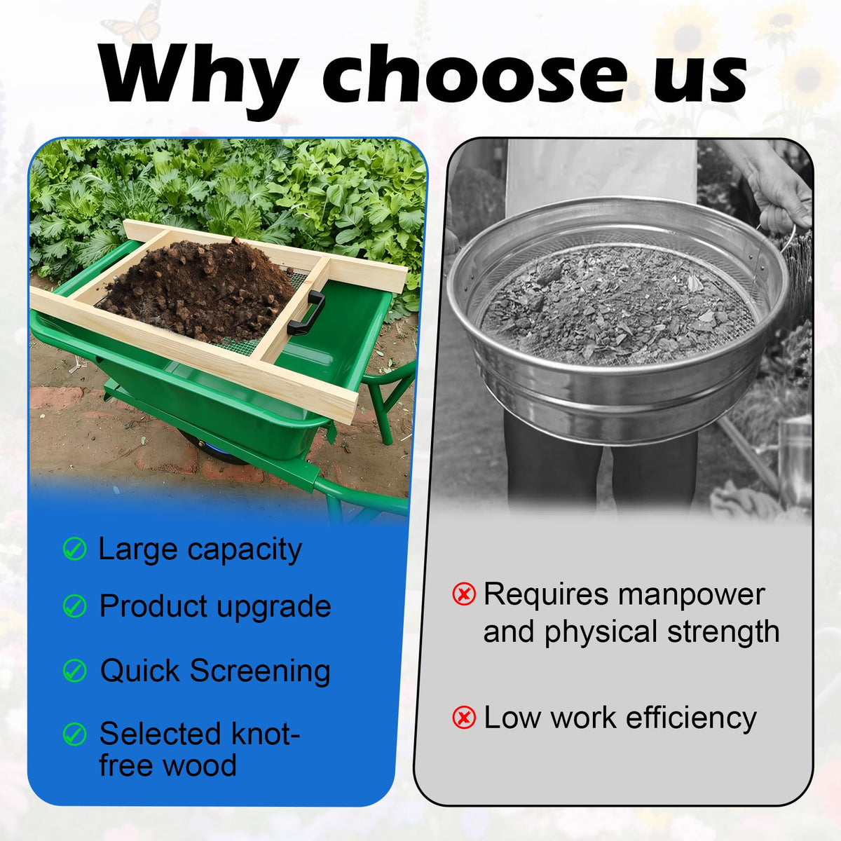 WUBOFEI garden sifter in use to separate soil and roots in a garden bed.