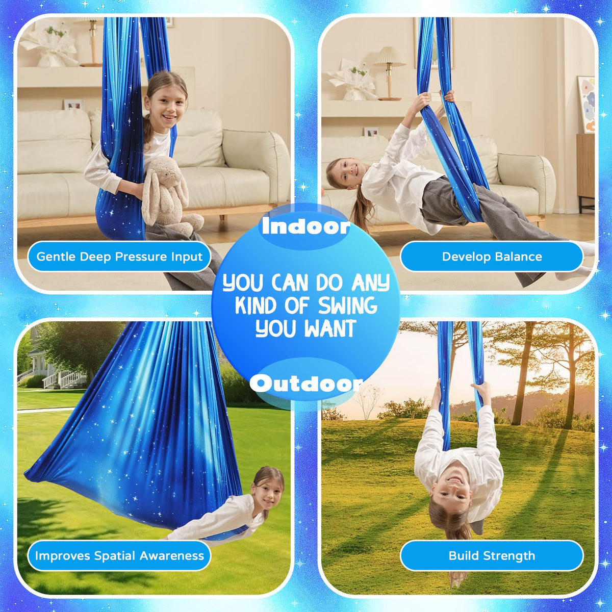 WUBOTIYU star blue swing ready for indoor or outdoor use.