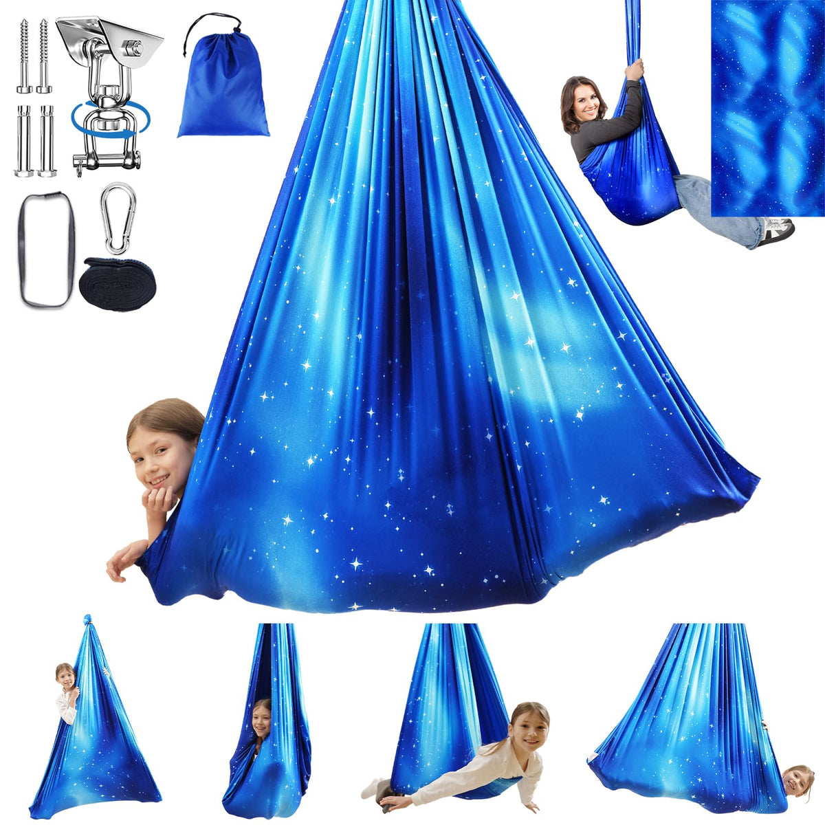 WUBOTIYU Sensory Swing in star blue showing versatile indoor-outdoor use and sensory input.