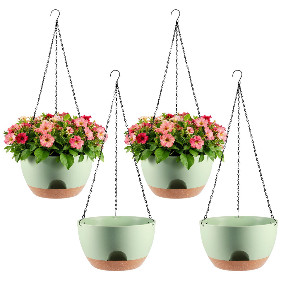 WUCEIAUU 4-piece hanging planters with self-watering base for lush, low-maintenance blooms.