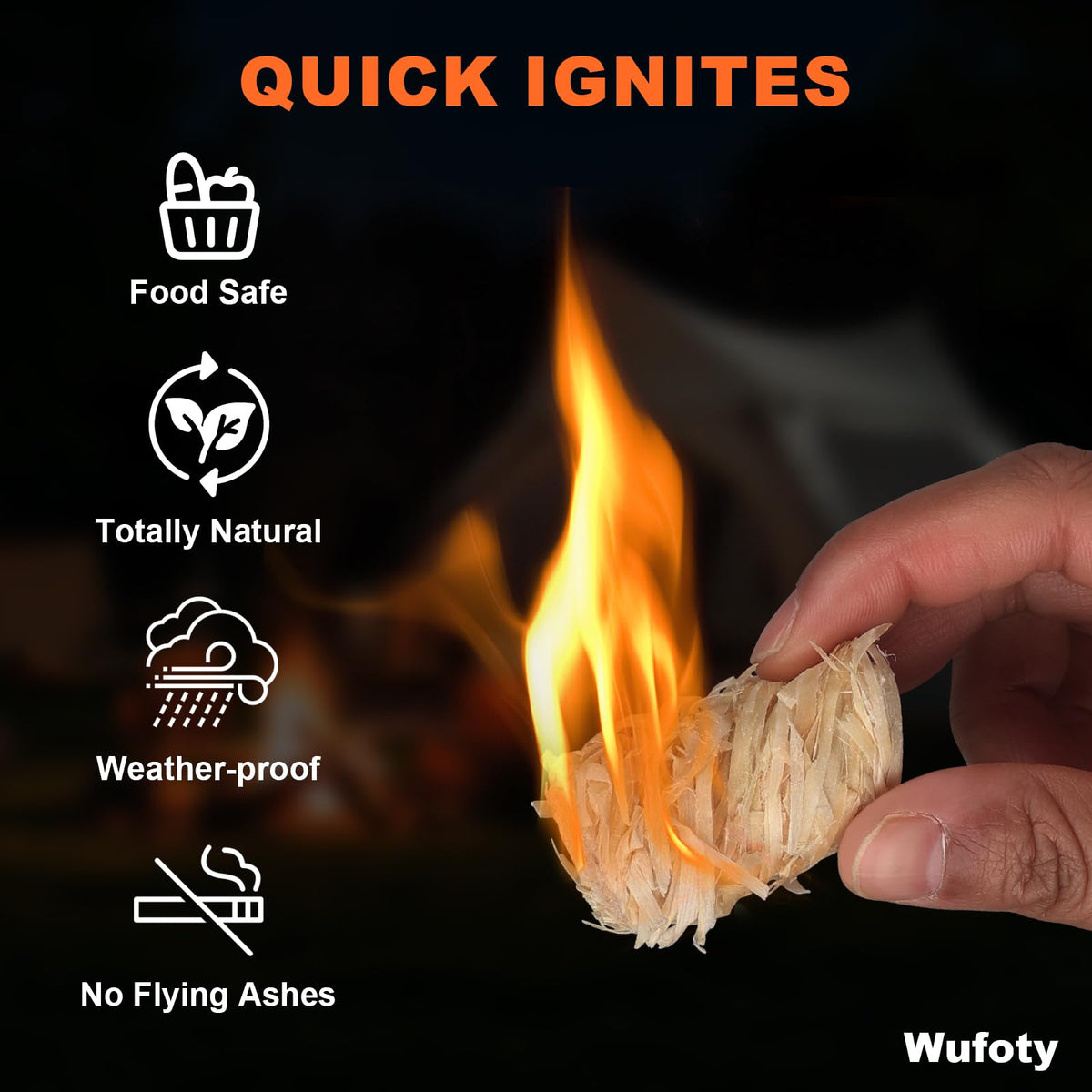 Wufoty fire starter under flame for fast lighting