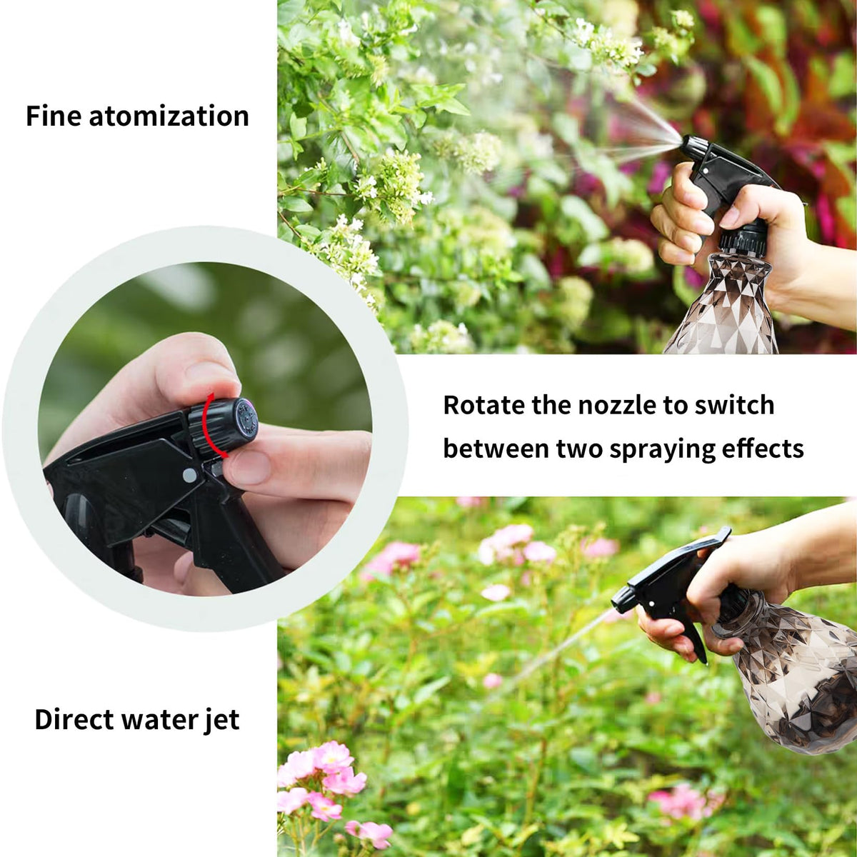 Wugongshan adjustable nozzle offers two mist modes for versatile spraying.